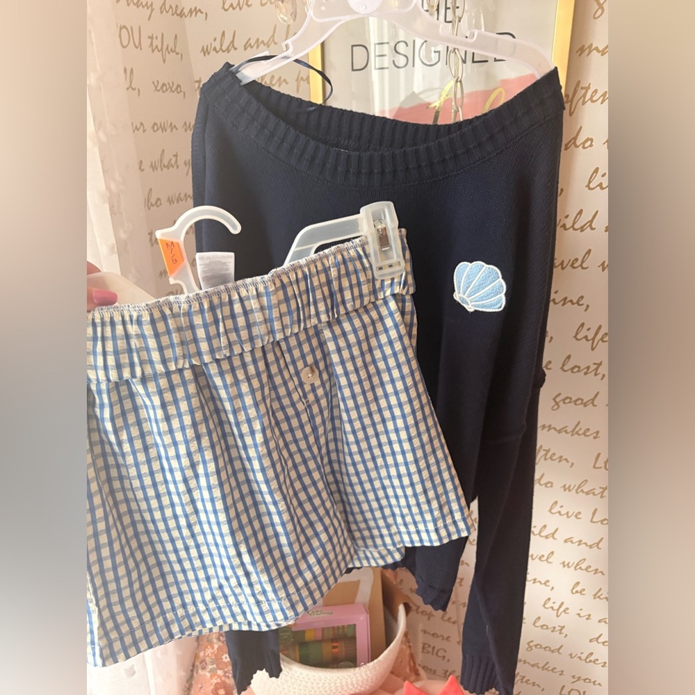 Navy Sweater and Blue Gingham Short Set